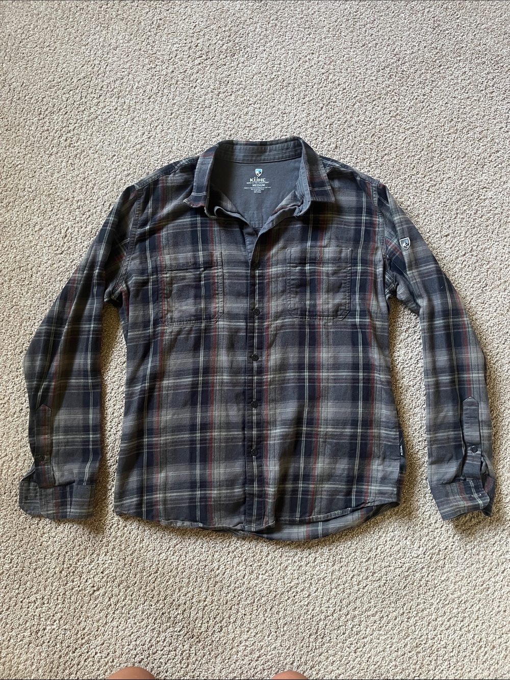 Kuhl Men's Black and Gray Plaid Button-Down Shirt with Subtle Red Accents